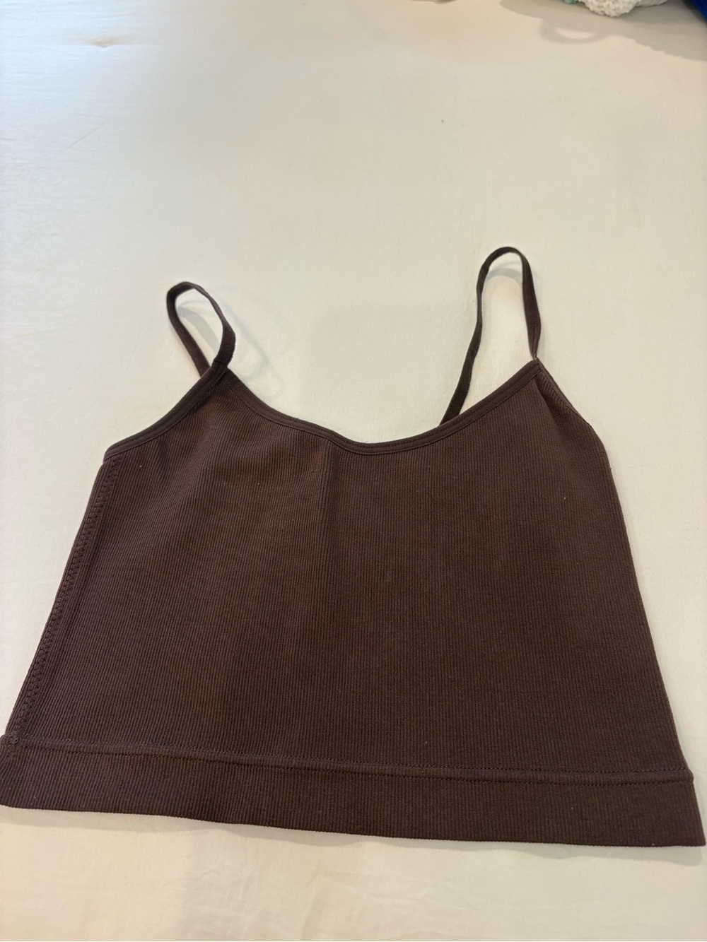 Garage Dark Brown Ribbed Spaghetti Strap Crop Top